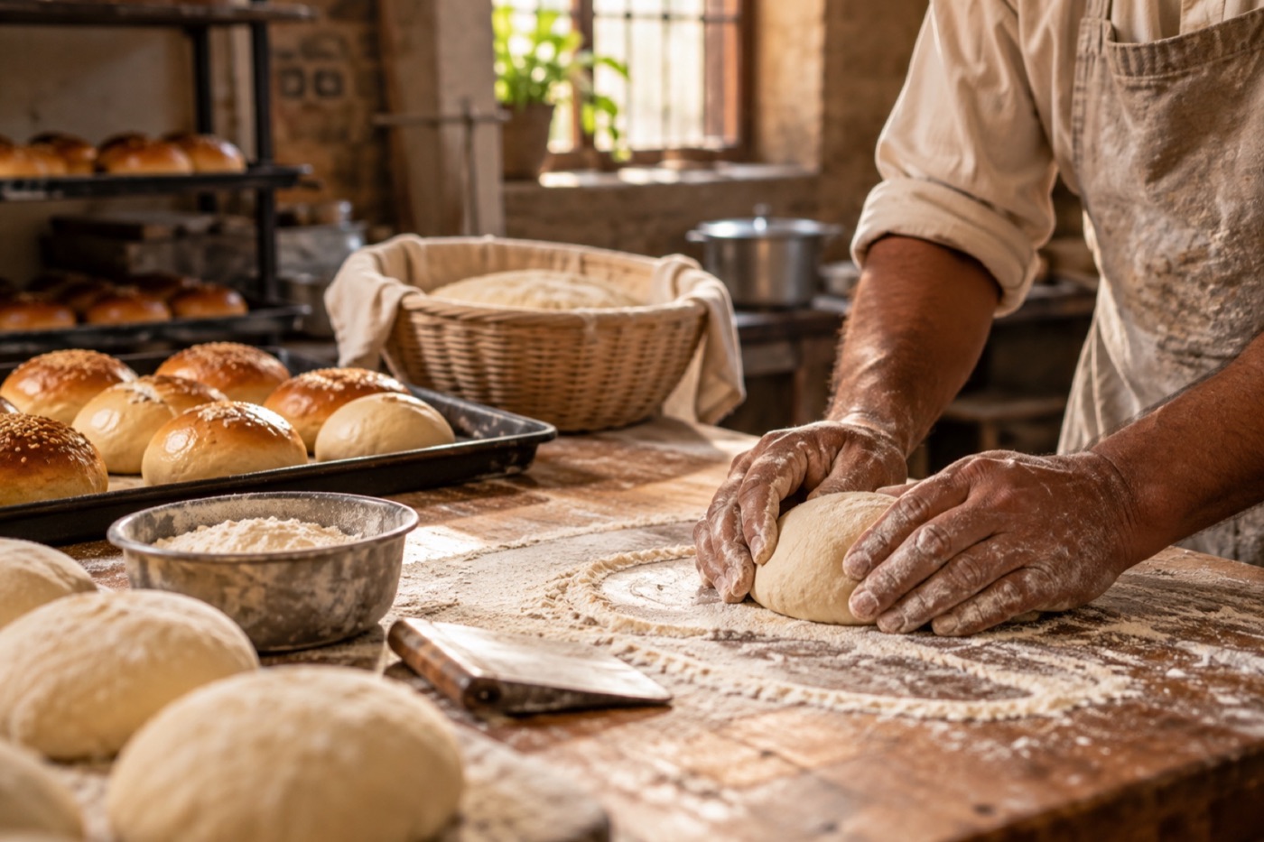 Baker shaping fresh dough on a floured wooden bench