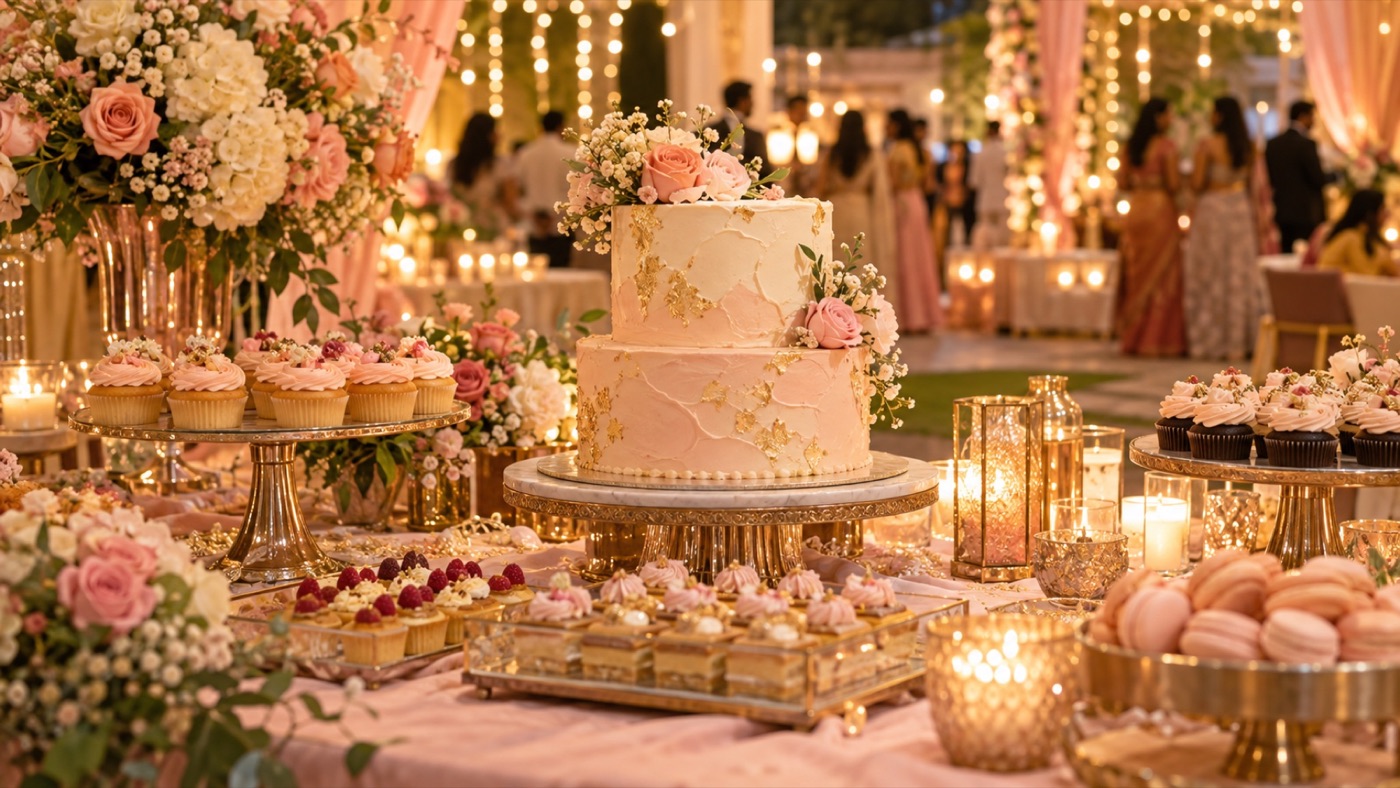 Wedding cake and dessert table with flowers