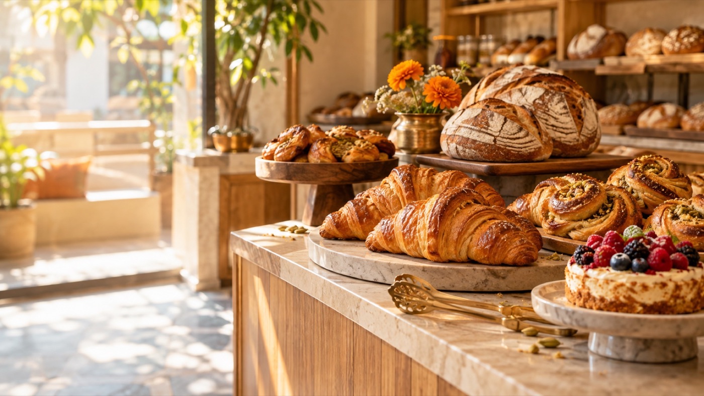 Sunlit bakery counter with fresh croissants, pastries and sourdough