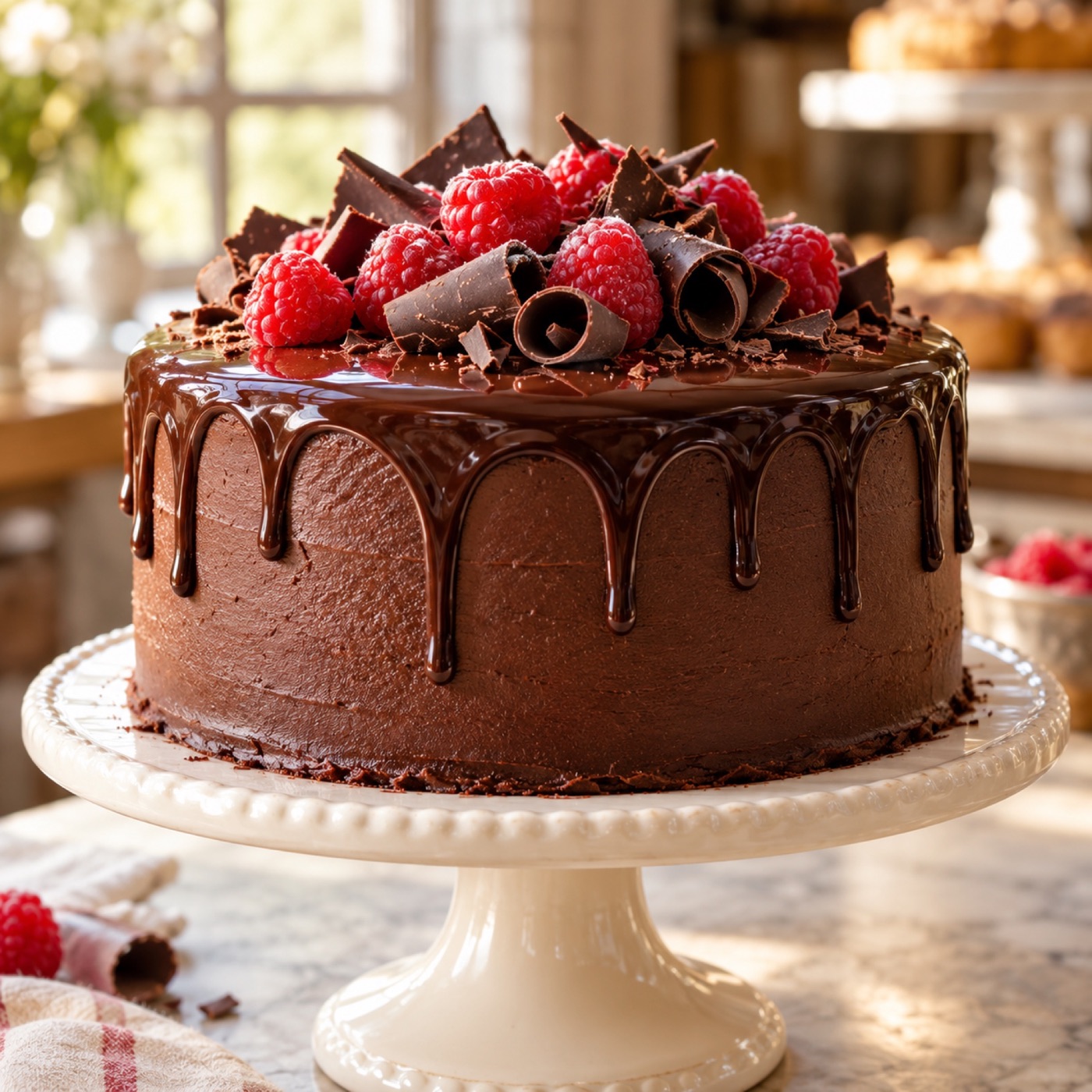 Chocolate ganache cake with raspberries